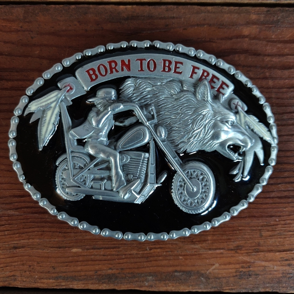 NEW Pewter Belt Buckle Motorcycle Born to be Free Wolf Feather Chopper Biker
